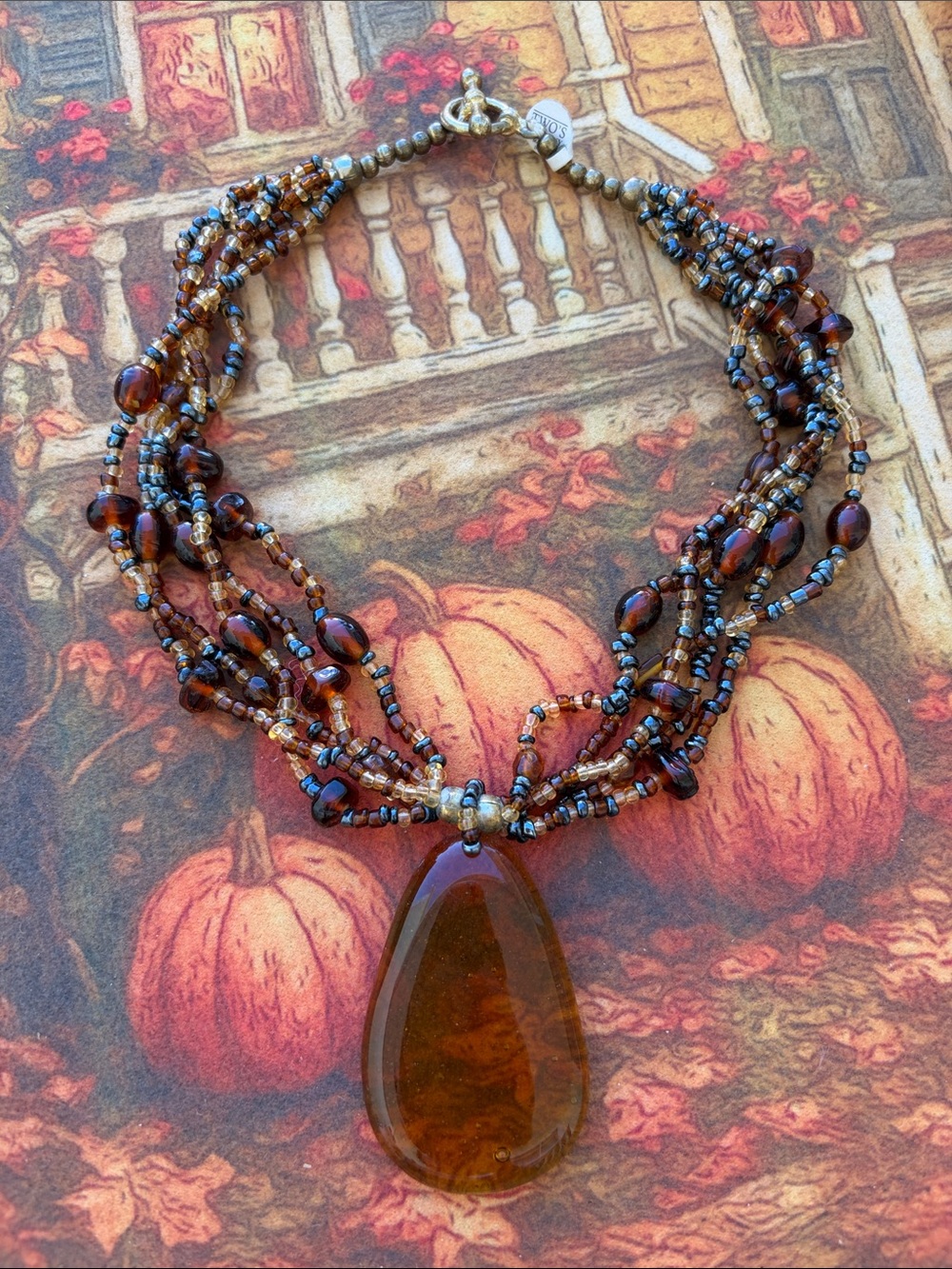 Two's Company Multi-Strand Amber Glass Teardrop Necklace - Brown & Gold Beads